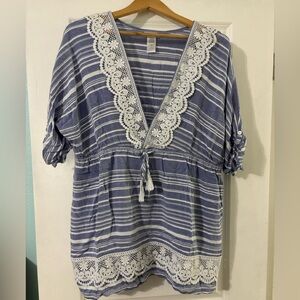 Blue and White Striped Tunic with Lace Trim